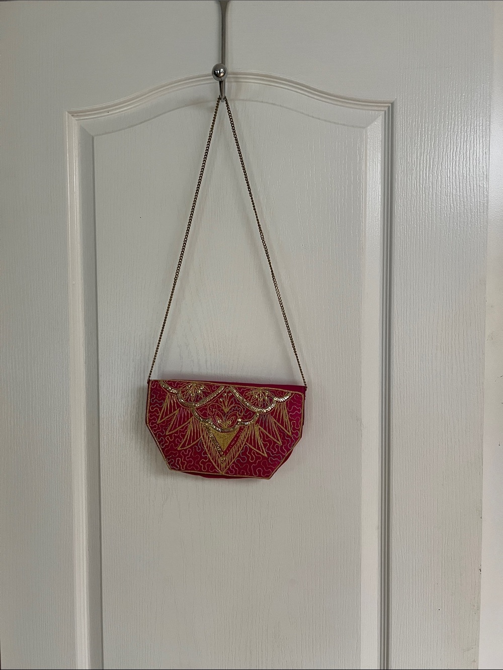 Gold-Embroidered Pink Evening Clutch with Chain Strap